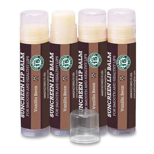 SPF Lip Balm 4-Pack by Earth's Daughter - Lip Sunscreen, SPF 15, Organic Ingredients, Vanilla Flavor, Beeswax, Coconut Oil, Vitamin E - Hypoallergenic, Paraben Free, Gluten Free-Velvo Beauty