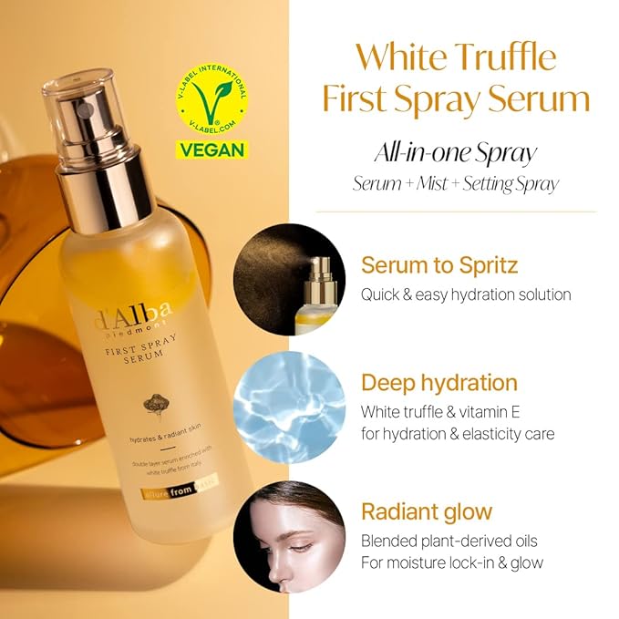d'Alba Travel Essencial Gift Set, White Truffle First Spray Serum Full Size & Travel Size with Yellow Pouch, Korean Skin Care-Velvo Beauty