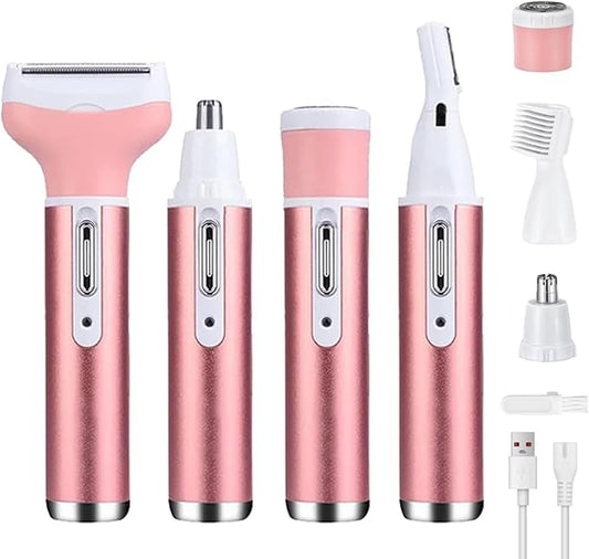 4-in-1 Electric Razor for Women - Painless Facial Hair Removal, Bikini Trimmer, Eyebrow & Body Groomer - Rechargeable Hair Clippers Set for Underarms, Legs & Nose-Velvo Beauty
