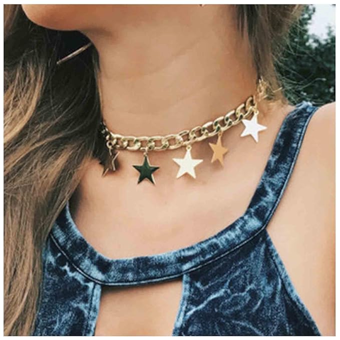 Boho Star Dangle Choker Necklace Gold Chunky Curb Chain Necklace Punk Thick Chain Choker Necklace Minimal Short Chain Necklace Jewelry for Women and Girls-Velvo Beauty