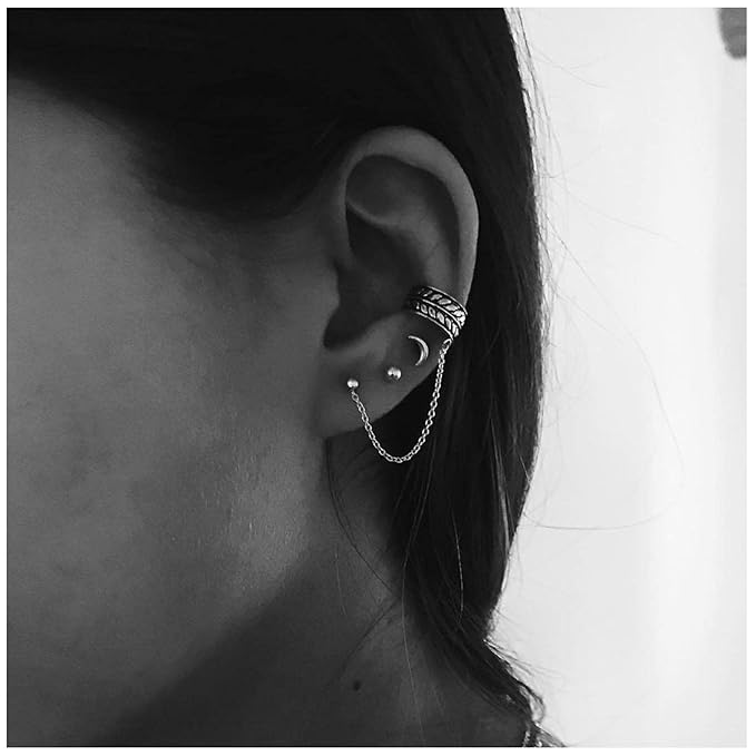 Bohemia Moon Cuff Chain Earrings Silver Chain Climber Dangle Earrings Tassel Chain Cartilage Earrings Chain Drop Dangle Earrings Set for Women and Girls-Velvo Beauty