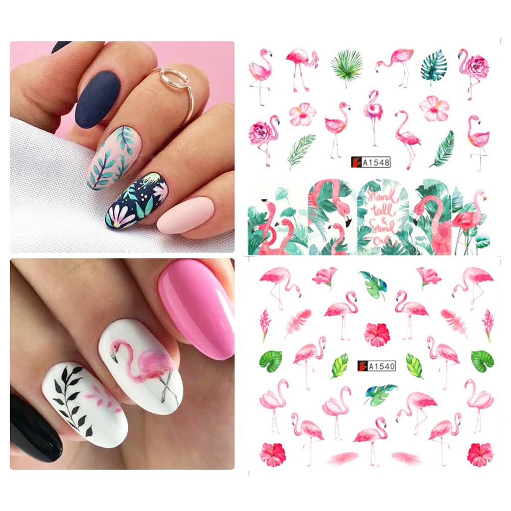 12 Sheet Flamingo Nail Art Stickers Cute Flamingo Green Leaf Design Water Transfer Nail Decals Summer Nail Art Decorations Waterproof Acrylic Nail Stickers for Women DIY Manicure Tips-Velvo Beauty