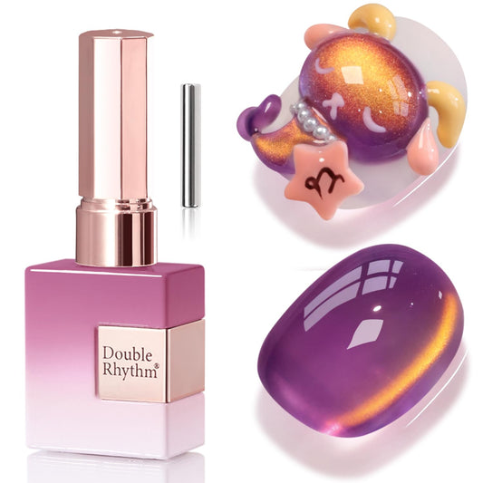 Double Rhythm Jelly Glass Cat Eye Gel Polish with Magnet 15ML Holographic Glitter Shimmer Translucent Sheer Color Magnetic Nail Polish Salon DIY at Home (Golden Purple-MC1254)-Velvo Beauty