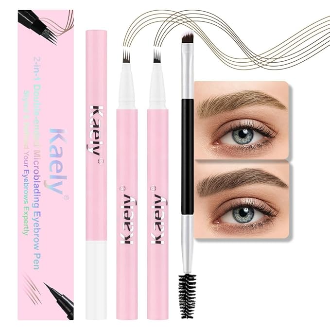 evpct Kaely 2Pcs Light Dark Brown Magic Microblading Eyebrow Contouring Pen Brow Pencil, with 4 Brush Micro-Fork-Tips Applicator, Dual-ended Eyebrow Brush, Hair Like Strokes, Natural Looking Brows-Velvo Beauty