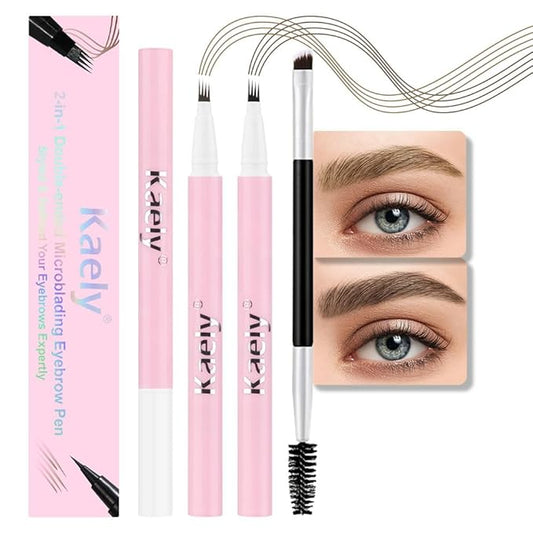 evpct Kaely 2Pcs Light Dark Brown Magic Microblading Eyebrow Contouring Pen Brow Pencil, with 4 Brush Micro-Fork-Tips Applicator, Dual-ended Eyebrow Brush, Hair Like Strokes, Natural Looking Brows-Velvo Beauty