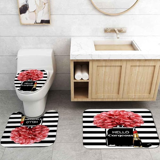 4PCS Hello Gorgeous Shower Curtain Set Watercolor Red Floral Black and White Striped Perfume Lipstick Makeup Vintage Modern Fashion Women Bathroom Decor Non-Slip Bath Mat Toilet Rug, Hydrangea-Velvo Beauty