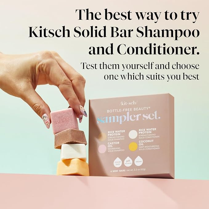 Kitsch Shampoo and Conditioner Set - 4pc Sampler Bars with Rice Water Shampoo and Conditioner, Castor Oil Shampoo & Coconut Oil Conditioner - Bottle-Free Beauty for Hair Growth, Repair & Moisture-Velvo Beauty