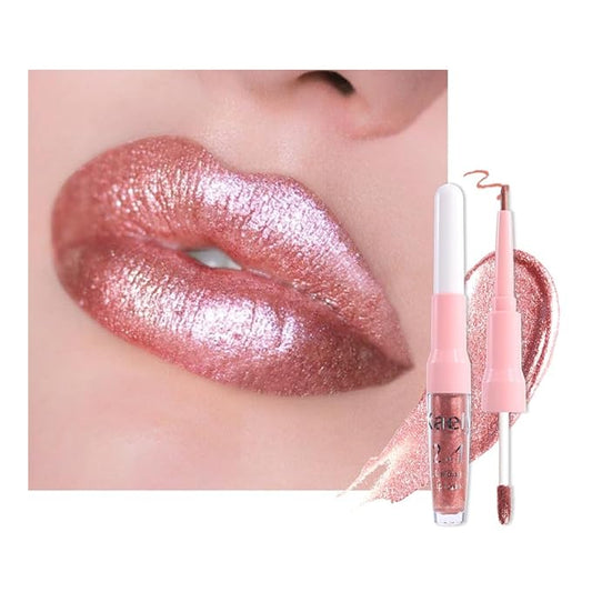 Rose Gold Metallic Lip Liner and Lipstick Combo Lip Gloss Tints Stain Set Makeup for Women Long Lasting Waterproof 24, Light Pink Metallic Glitter Shimmer Iridescent Liquid Lipstick lippies Lip Gloss-Velvo Beauty