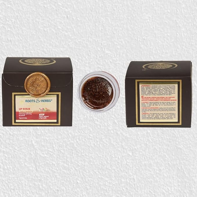 ROOTS AND HERBS Ayurvedic Cacao & Manjistha Cane Sugar Lip Scrub 100% Vegan, No-Paraben, No-SLS, No-Sulphate & Natural Treatment Exfoliator for Dark, Dry, Chapped Smooth & Brighter Lips (15gm/0.53oz)-Velvo Beauty