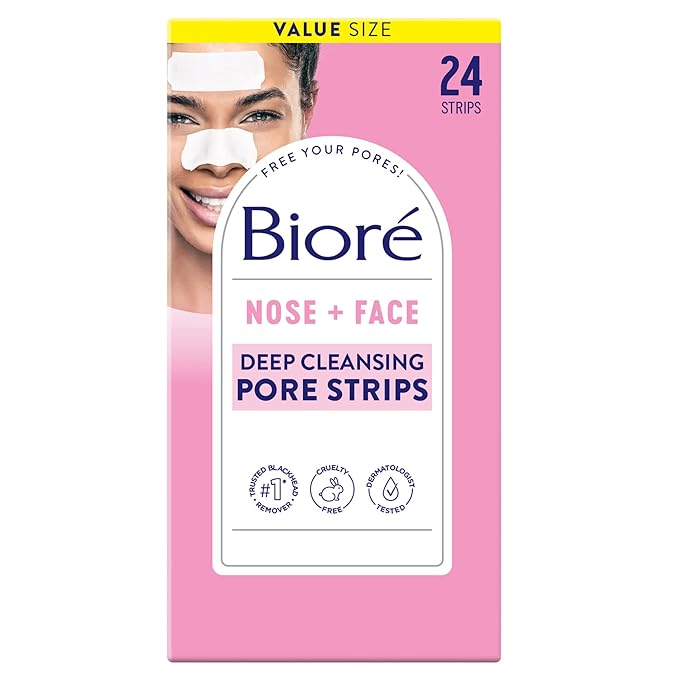 Bioré Nose+Face Blackhead Remover Strips, Deep Cleansing Strips for Nose, Chin, or Forehead, Instant Blackhead Removal and Pore Unclogging, Oil-free, Non-Comedogenic Use, Value Size 24 Count-Velvo Beauty