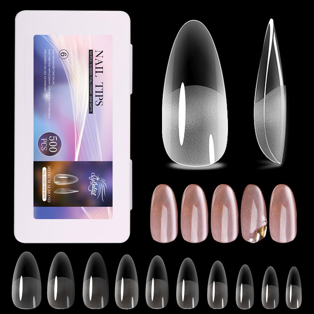 Medium Almond Nail Tips 500PCS, Clear Acrylic Full Cover Gel Press on Nail Tips for DIY, 10 Sizes Pre-Shaped False Nails with Half Matte Finish, Professional Manicure Kit & Easy Application-Velvo Beauty