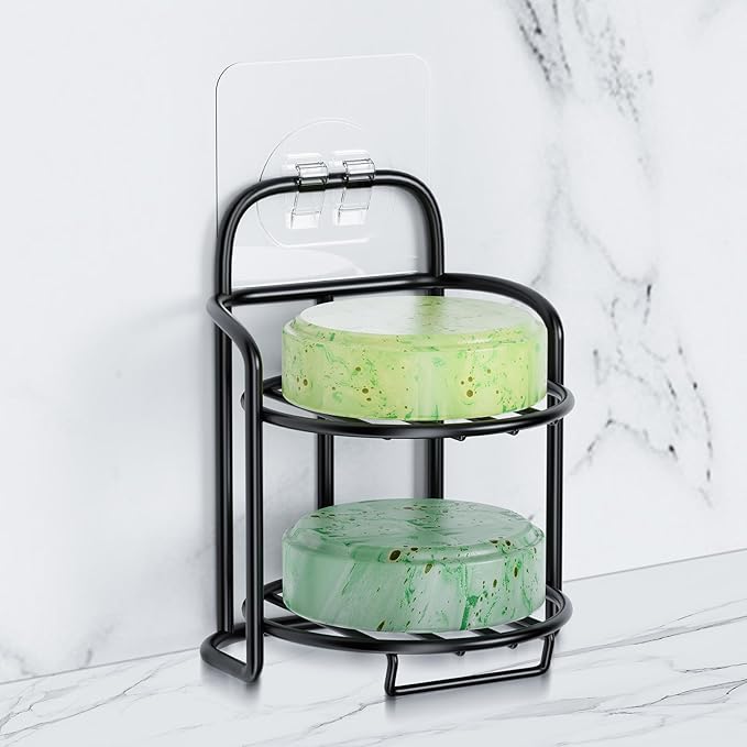 2-Tier Shower Soap Shampoo Bar Holder, Self Adhesive & Freestanding Draining Soap Dish Caddy for Bathroom Wall Accesories Decor Black-Velvo Beauty