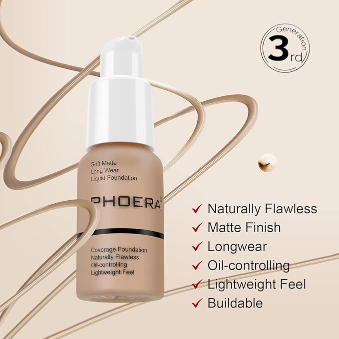 BestLand PHOERA Foundation Full Coverage Liquid Foundation Cream - Long-lasting Lightweight Concealer - Oil-Free Formula - Natural Shade - Suitable for All Skin Types (Buff Beige #104)-Velvo Beauty