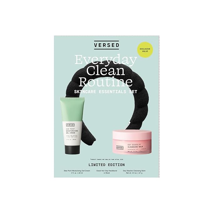 Versed Everyday Clean Routine Travel Essentials 3-Piece Skincare Set - Dew Point Gel Cream (2 fl oz), Good Hair Day Black Headband & Day Dissolve Cleansing Balm (2.3 oz) - Non-Toxic + Vegan-Velvo Beauty
