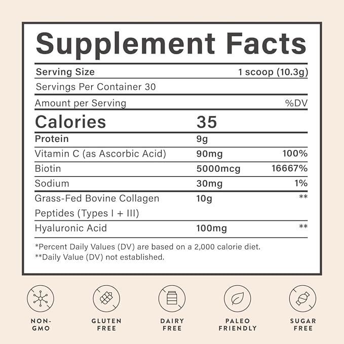 Beam Collagen Powder, Collagen for Women, Collagen with Hyaluronic Acid, Collagen Peptides Type 1 and 3, with Biotin, Grass Fed Bovine, Third-Party Tested, Best for Coffee, Vitamin C, 60 Servings-Velvo Beauty