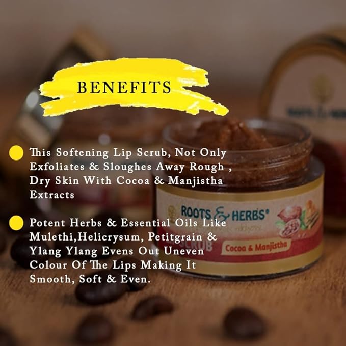 ROOTS AND HERBS Ayurvedic Cacao & Manjistha Cane Sugar Lip Scrub 100% Vegan, No-Paraben, No-SLS, No-Sulphate & Natural Treatment Exfoliator for Dark, Dry, Chapped Smooth & Brighter Lips (15gm/0.53oz)-Velvo Beauty