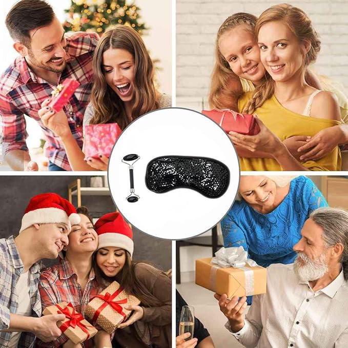 Eye Mask Set (2packs) - Hot and Code Eye Mask and Facial Roller Tools Set 100% Natural Jade Stone Beauty Massage Body Eyes Neck for Dark Circles and Puffiness-Color Black-Velvo Beauty