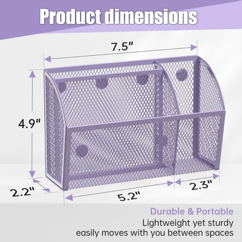 YINGHUA Strong Magnetic Pen Holder for Whiteboard and Refrigerator 3 Compartments Metal Mesh Organizer Space Saving Shelf for Office School Home and Locker - Purple-Velvo Beauty