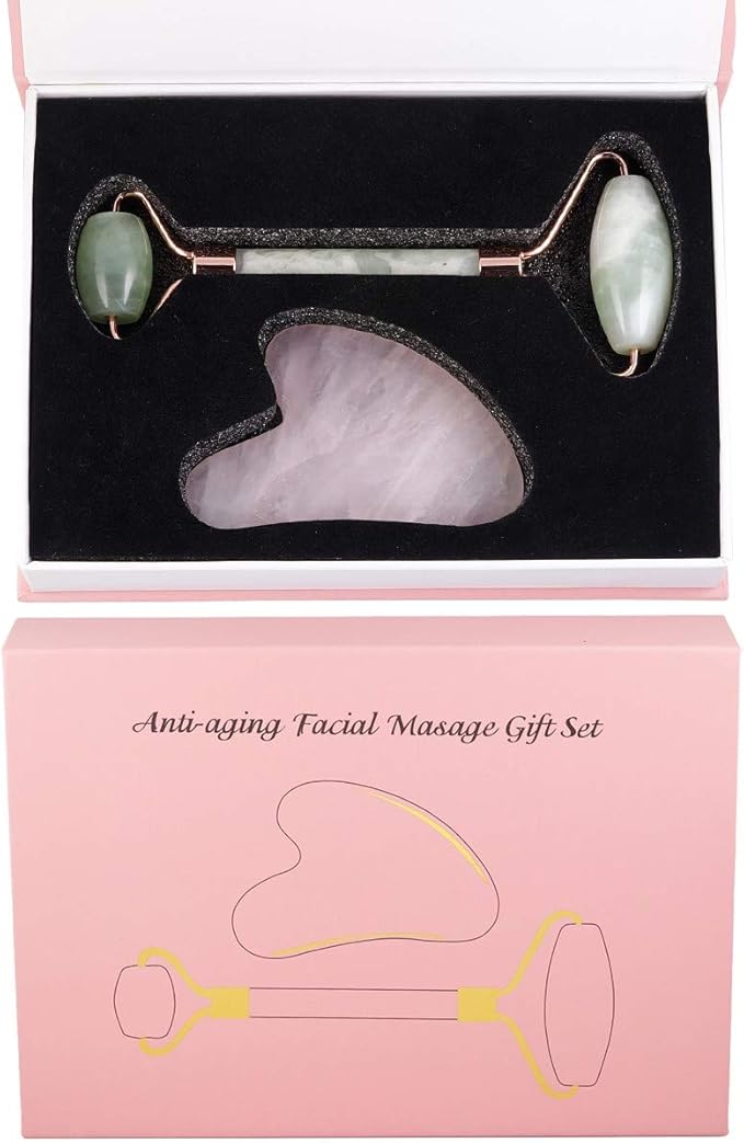 Rockcloud Natural Crystal Jade Roller and Gua Sha Scraping Set Massager Tool for Anti Aging Beauty Neck Body Reduce Wrinkles Facial Massager Therapy Xiuyan Jade and Rose Quartz Crystal Stone-Velvo Beauty