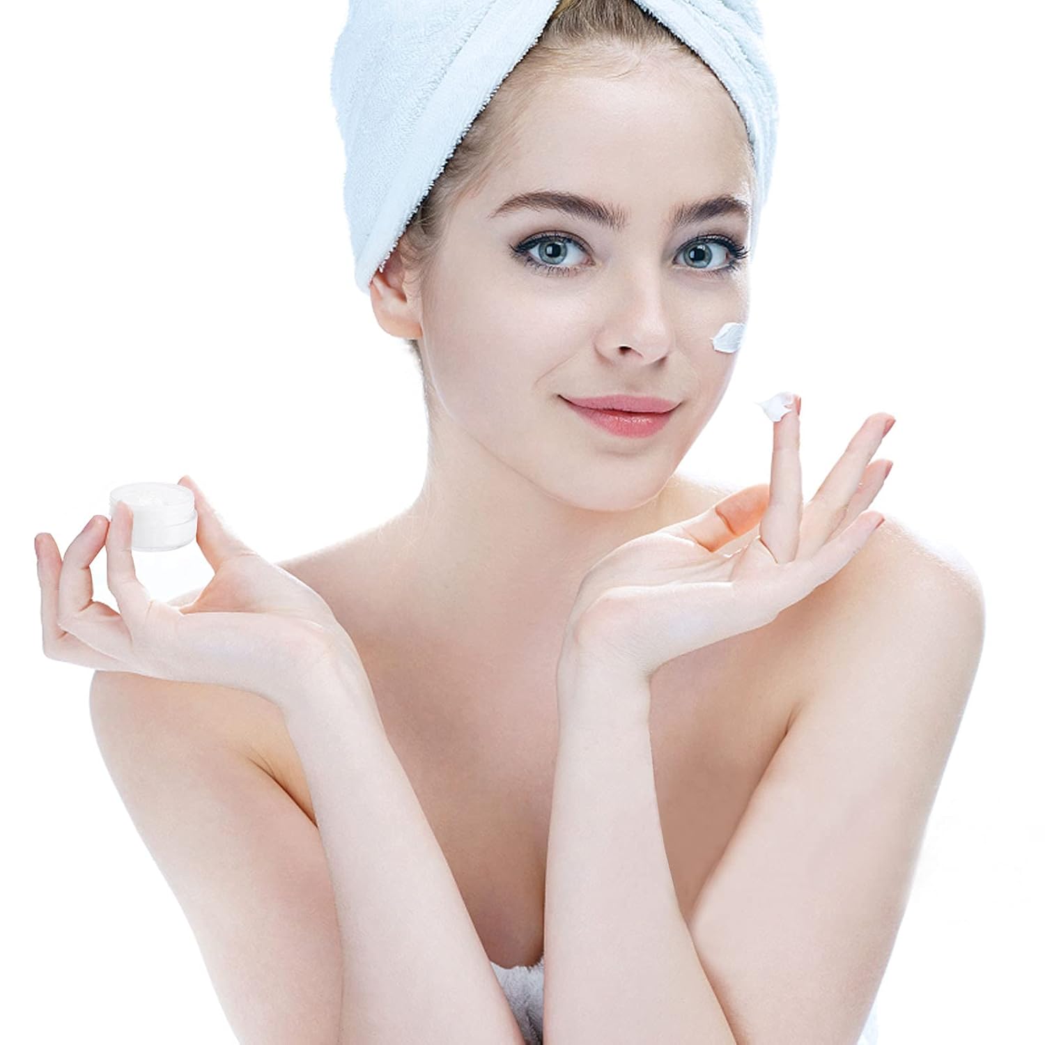 Refillable Cosmetic Sample Jars - 100 Pack 10g (0.35oz) Blue Small Travel Containers with Lids + 10 Mini Makeup Spatulas - BPA Free-Velvo Beauty