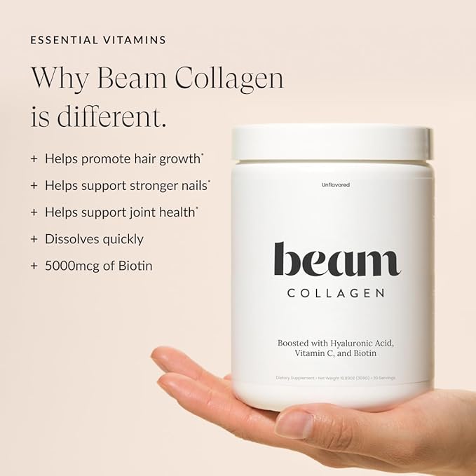 Beam Collagen Powder, Collagen for Women, Collagen with Hyaluronic Acid, Collagen Peptides Type 1 and 3, with Biotin, Grass Fed Bovine, Third-Party Tested, Best for Coffee, Vitamin C, 60 Servings-Velvo Beauty