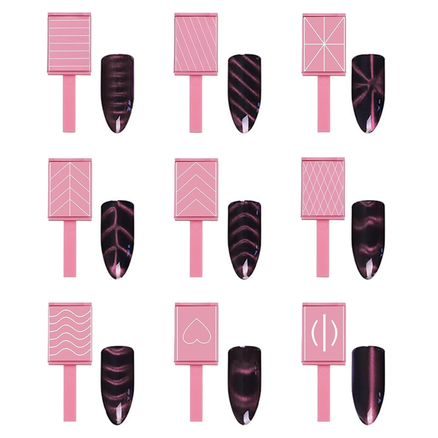 13pcs Pink Cateye Magnet for Nails Double-Ended Hexagon Nail Magnet Stick Flower Cat Eye Magnetic Pen 9 Stripe Nail Magnet Plates for Cat Eye Gel Nail Polish-Velvo Beauty