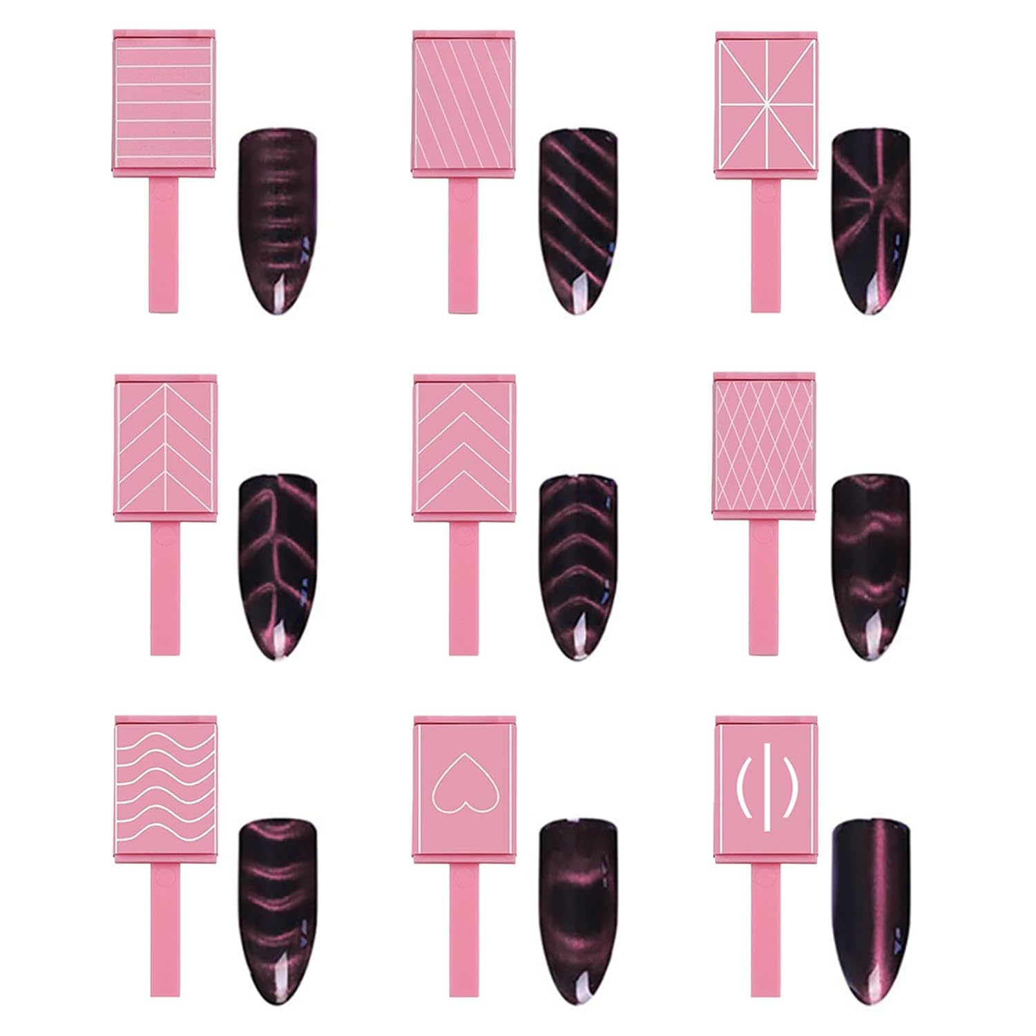 13pcs Pink Cateye Magnet for Nails Double-Ended Hexagon Nail Magnet Stick Flower Cat Eye Magnetic Pen 9 Stripe Nail Magnet Plates for Cat Eye Gel Nail Polish-Velvo Beauty