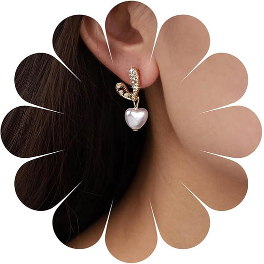 Vintage Crystal Pearl Heart Dangle Earrings Rhinestone Pearl Drop Earrings Gold Cz Pearl Stud Earrings Heart Love Earrings Jewelry for Women-Velvo Beauty
