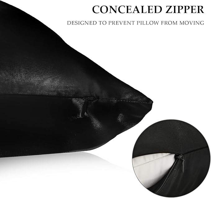 2 Pack Satin Pillowcase with Latent Zipper, Adjustable Satin Eye Mask for Sleeping and Satin Volume Scrunchie for Hair and Skin, Standard Size (Classic Style, Black)-Velvo Beauty