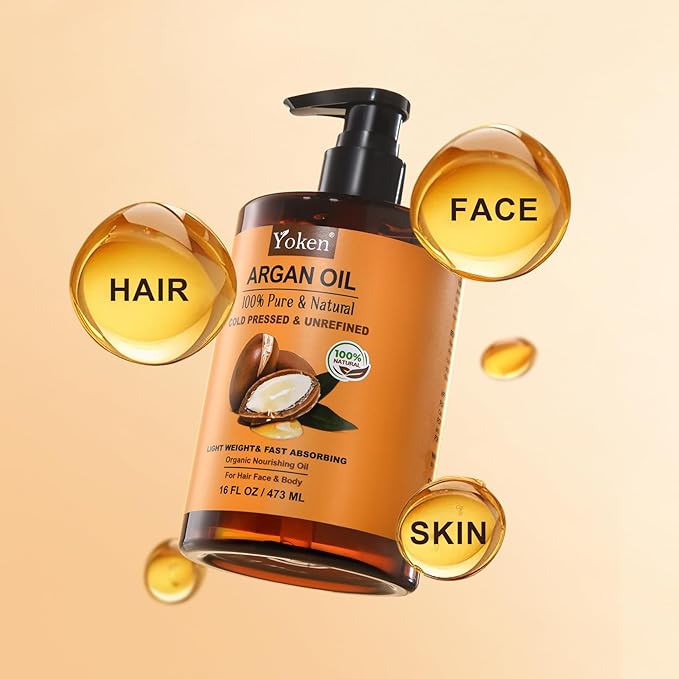 Yoken Argan Oil for Hair, Pure and Natural Morocco Argan Oil, Argon Oil For Hair, Scalp, Face & Skin Care, 100% Cold Pressed Hair Conditioner, Unrefined Argon Nails Carrier Oil (16 Fl Oz)-Velvo Beauty