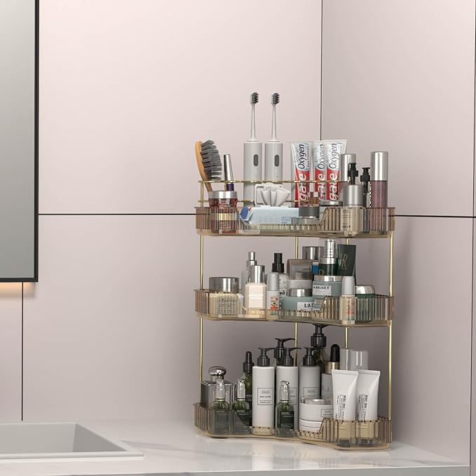 Corner Bathroom Counter Organizer with Top Toothbrush Holders, 3-Tier Make Up Organizers for Vanity with Brush Holder, Corner Storage for Bathroom, Kitchen, Dresser-Velvo Beauty