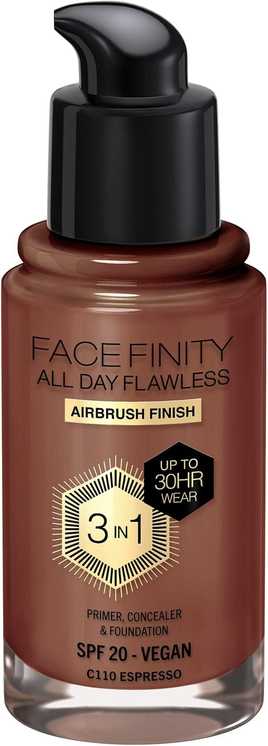 Max Factor Facefinity 3-in-1 All Day Flawless Liquid Foundation, SPF 20-110 Espresso, 30 ml-Velvo Beauty