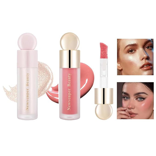 Liquid Highlighter, Liquid Blush with Face Brush Long Lasting Smooth Lightweight Smudge Proof Blush+ Highlighter-Velvo Beauty