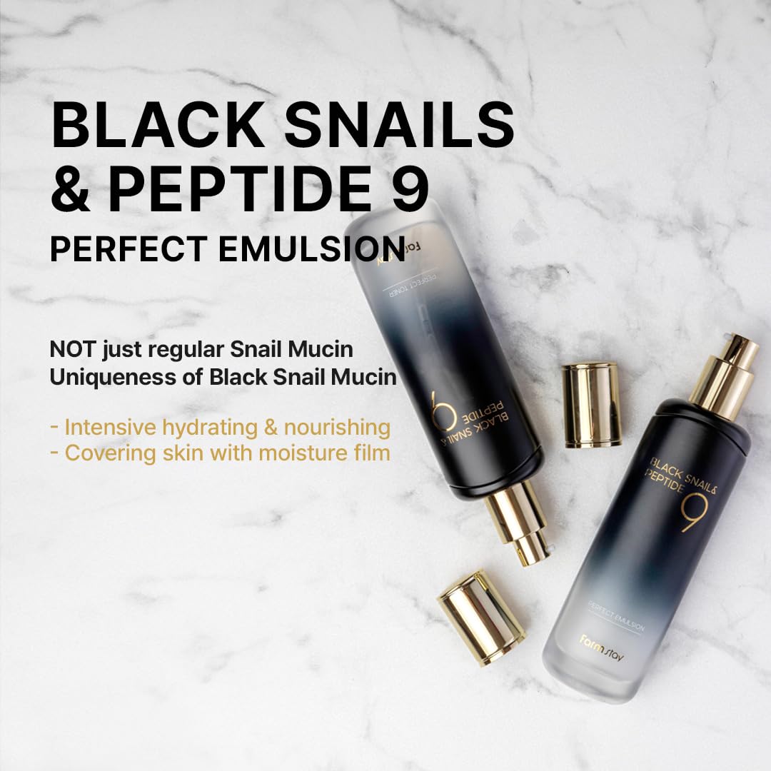 FARMSTAY Black Snail & Peptide 9 Perfect Emulsion, Snail Mucin Moisturizer for Elastic & Glow, Hydrating & Soften, Anti-aging, Barrier Repair, for Women & Men, Korean Skin Care, 4.05 fl.oz-Velvo Beauty