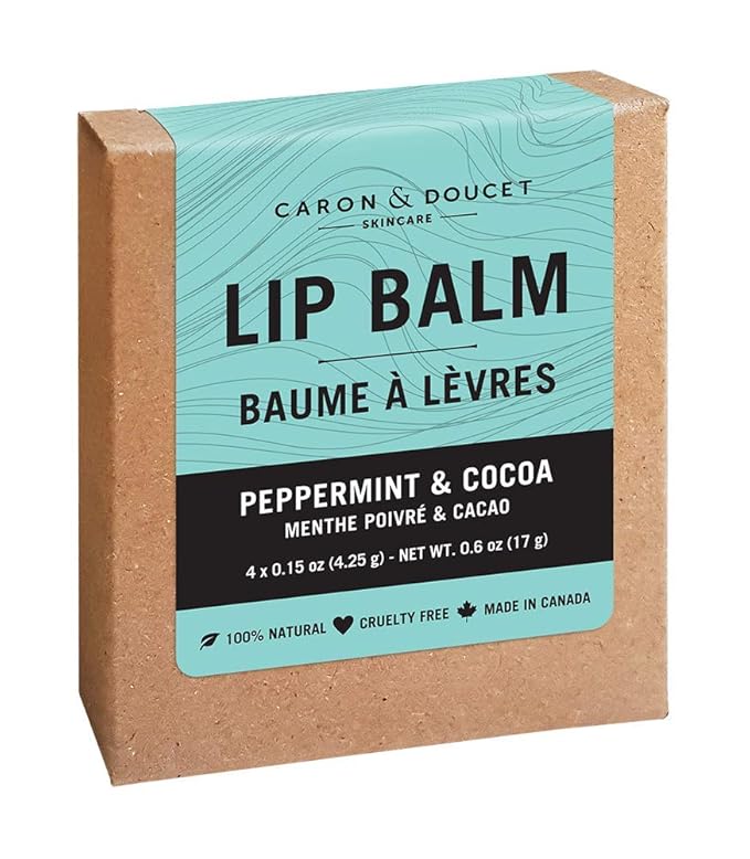 Caron & Doucet - 100% Natural Lip Balm - Premium Beeswax & Olive Oil Moisturizing Lip Balm - Best for Dry Chapped Lips. (Pack of 4, Peppermint & Cocoa)-Velvo Beauty