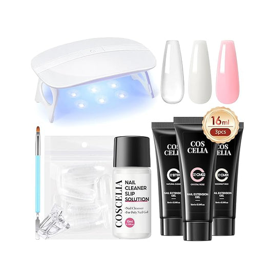 COSCELIA Poly Nail Gel Kit Starter Kit with U V Lamp 3PC Coscelia Poly Extension Gel for Beginners Clear Pink White Nail Art Quick Building Gel Manicure Kits Gift for Women DIY at Home-Velvo Beauty
