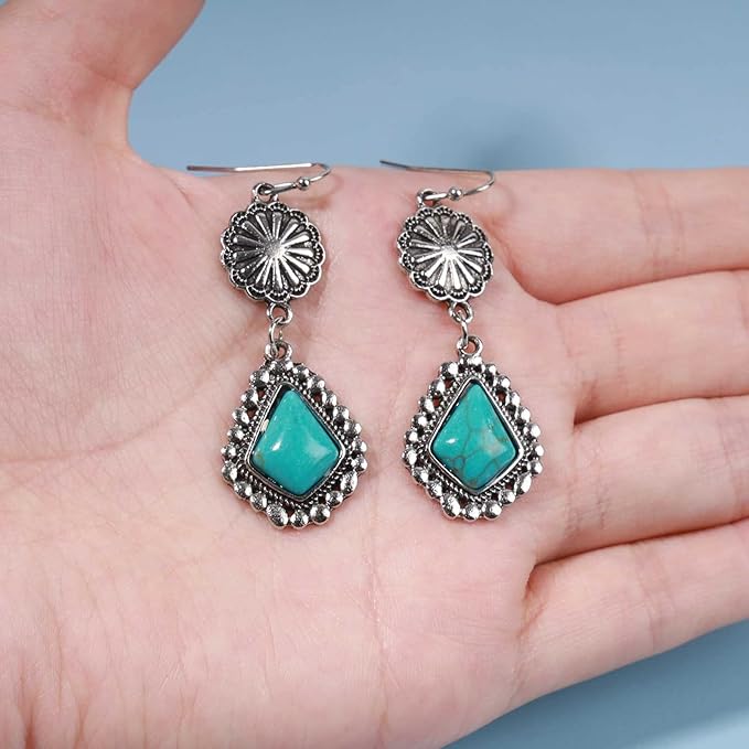 Boho Oval Turquoise Earrings Silver Circle Dangle Drop Earrings Vintage Flower Earrings Tribal Earrings Jewelry for Women and Girls-Velvo Beauty
