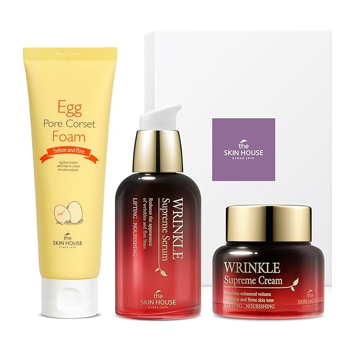 THE SKIN HOUSE Wrinkle Supreme Gift Set l Birthday present , Korean Facial Skin Care Essential for Wrinkles, Fine Lines, Nourishing l Red Ginseng, Adenosine, Ceramide l Facial Cleanser, Serum, Cream-Velvo Beauty