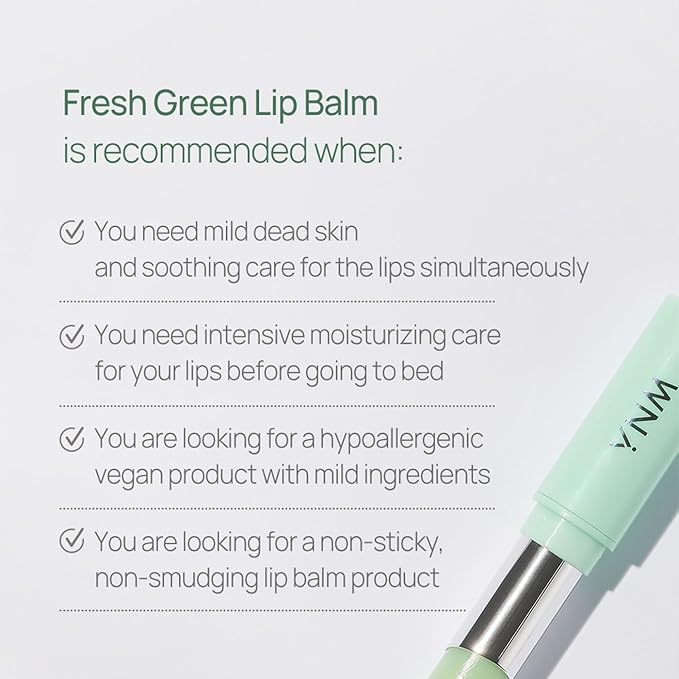 YNM Fresh Green Lip Balm 4g, Certified Vegan, Non-Sticky Sleep Lip Mask, k-beauty, Made in Korea, Irrtation index of 0.000, Super centella complex, Centella asiatica extract-Velvo Beauty