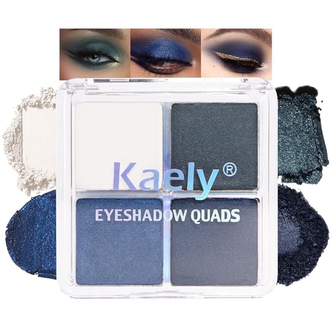 Kaely Powder Eyeshadow Quad, Blue Green Glitter Shimmer Eyeshadow Palette Makeup, Neutral Eye Shadow Palette for Older Women Pigmented Waterproof, sombras para ojos, Blendable, Cruelty-free, 08-Velvo Beauty