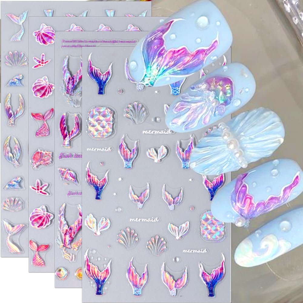 5D Dreamy Mermaid Tail Nail Stickers Summer Nail Decals 5D Embossed Laser Mermaid Nail Art Stickers Sea Wave Fishtail Shellfish Starfish Nail Design Stickers Self Adhsive Ocean Stickers for Nails DIY-Velvo Beauty