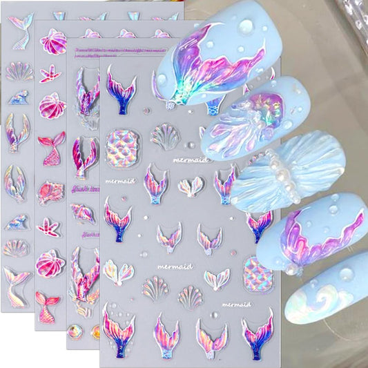 5D Dreamy Mermaid Tail Nail Stickers Summer Nail Decals 5D Embossed Laser Mermaid Nail Art Stickers Sea Wave Fishtail Shellfish Starfish Nail Design Stickers Self Adhsive Ocean Stickers for Nails DIY-Velvo Beauty