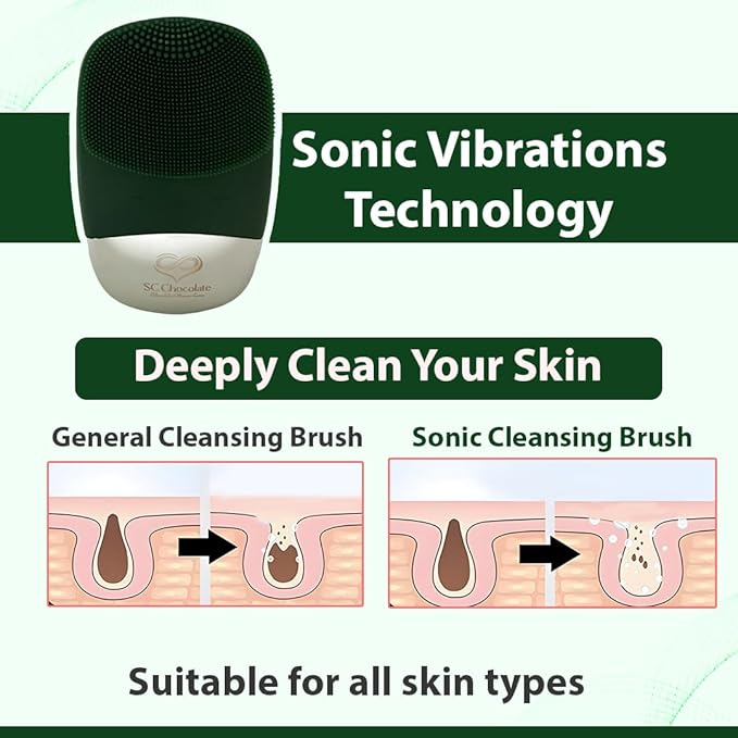 Facial Cleansing Brush | 3-in-1 Electric Face Scrubber | USB Rechargeable Face Cleansing Brush | IPX7 Waterproof | Blackhead Remover | Deep Cleansing & Exfoliating (Green)-Velvo Beauty