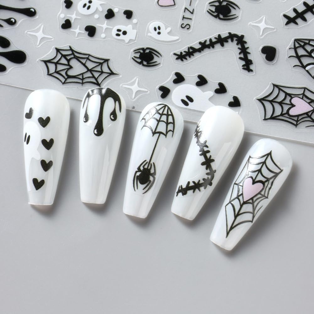 4sheets Halloween Nail Stickers 3D Self-Adhesive Ghost Nail Art Stickers - Black Spider Bat Decals with Heart Spider Web Blood Droplets Design for Women DIY Holiday Nail Decoration-Velvo Beauty