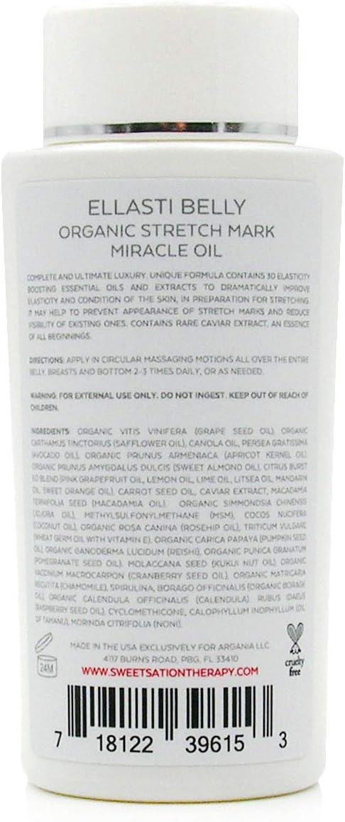 Sweetsation Therapy- Organic EllastiBelly Stretch Mark Miracle Oil, 4oz. Stretch Marks Prevention in Pregnancy With Omega 3,6,9, Vitamins,Amino Acids, 30+ Extracts to Boost Elasticity-Velvo Beauty
