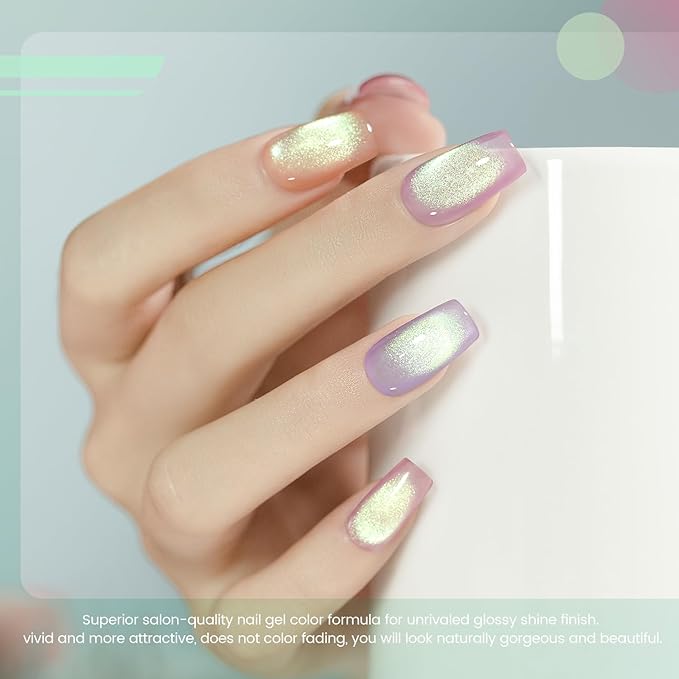 RARJSM Green Cat Eye Gel Nail Polish Set 6pcs Reflective Sparkly Diamond Glitter Nude Pink Blue Purple Clear Glass Cateye Gelpolish with Magnet Stick 7.5ml Curing Requires Soak Off for Home Salon-Velvo Beauty