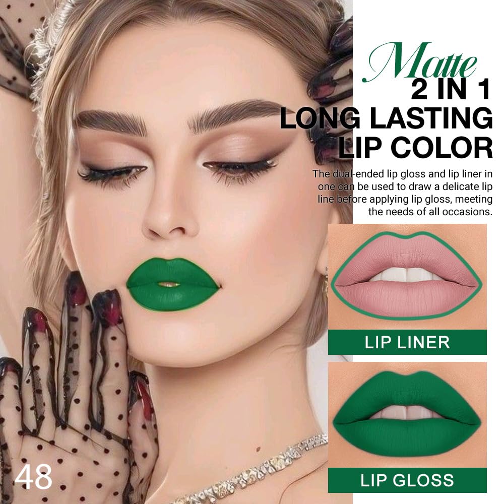 evpct 1Pcs Forest Green Matte Lip Liner & Liquid Lipstick Stain Makeup Set for Women, Green Lip Liner Stain Long Lasting Waterproof Smudge Proof, Cruelty Free Lip Stick Makeup 24 hours originales, 48-Velvo Beauty