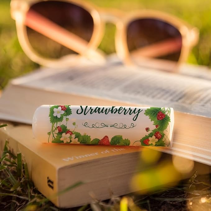 OLYCRAFT 100Pcs Self-Adhesive Lip Balm Tag Stickers 2.1x1.7 inch Waterproof Adhesive Label with Strawberry Rectangle Lipstick Tag Sticker for Lip Balm Container Tubes Lipstick Wrapping Decoration-Velvo Beauty