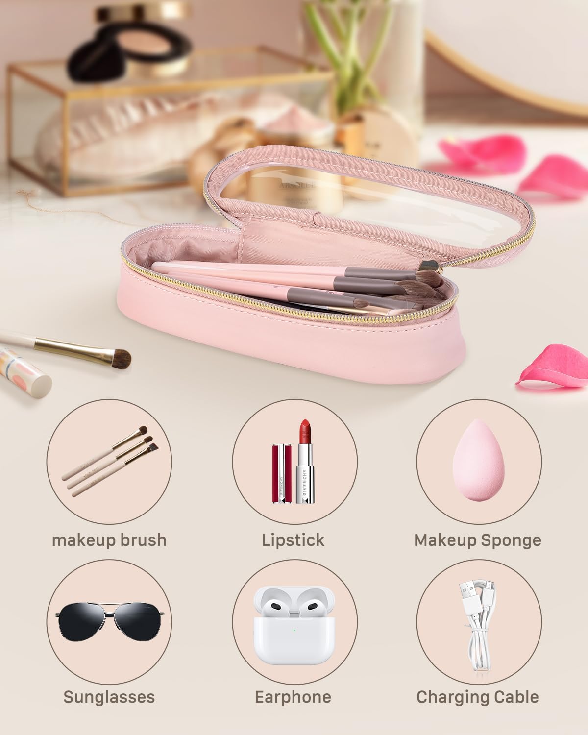 Clear Travel Makeup Brush Holder, Leather Makeup Brush Toiletry Bag, Portable Cosmetic Brush Case, Transparent Waterproof Makeup Brush Storage Bag, Pink-Velvo Beauty