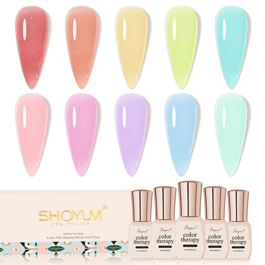 Jelly-Pastel Gel Nail Polish Set - 10 Pcs Pink Nude Gel Polish Set with Summer Yellow Blue Colors - DIY Soak Off Nail Lamp - Easter Decoration Gifts for Women - Manicure Kit-Velvo Beauty